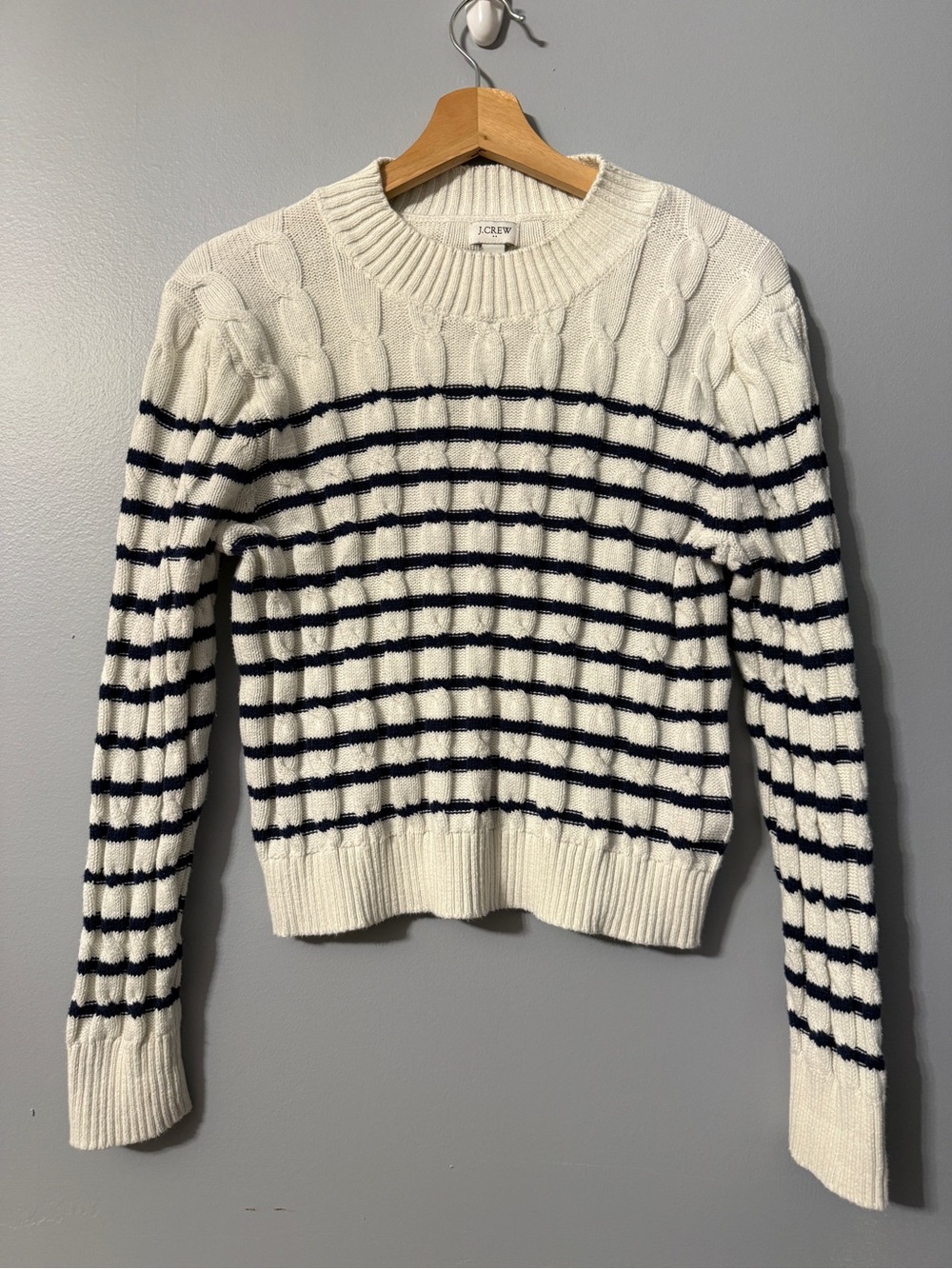 J. Crew Cream & Navy Striped Cable-Knit Crewneck Sweater